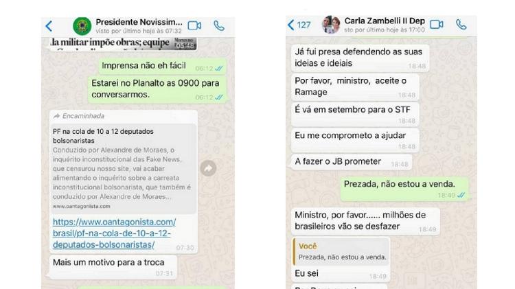 Mensagens de Moro com o presidente Jair Bolsonaro (esq.) e a deputada Carla Zambelli (direita)