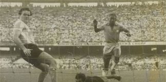 Fotografia de um dos gols marcados pelo Brasil na vitória sobre a Argentina em jogo válido pela Copa Roca de 1957. Arquivo Nacional. Fundo Correio da Manhã. BR_RJANRIO_PH_0_FOT_03128_001