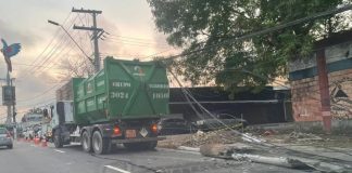 Caminhão colide com poste de energia na avenida Efigênio Sales